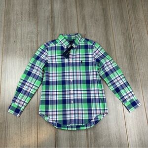 Polo Ralph Lauren Plaid Shirt Boys S(8) Green Blue Natural Stretch